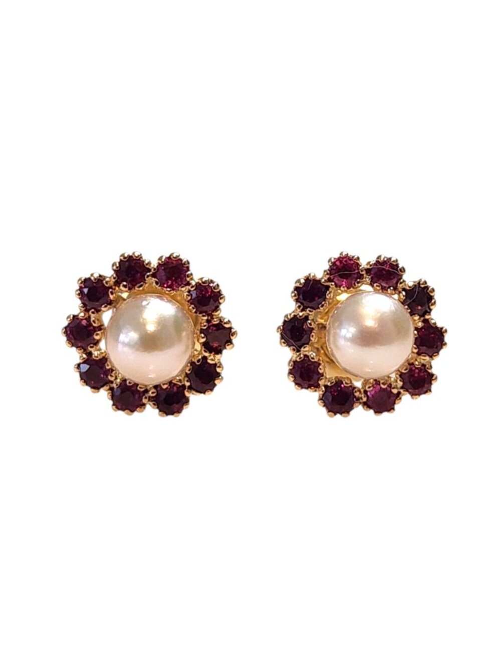 14K Yellow Gold Red Stones and Pearl Flower Earrings #25305